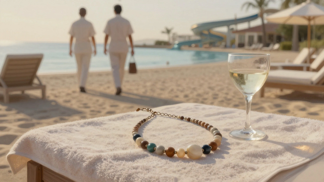 Handmade necklace on towel beside empty cocktail glass, symbolizing authentic culture vs. resort illusion.