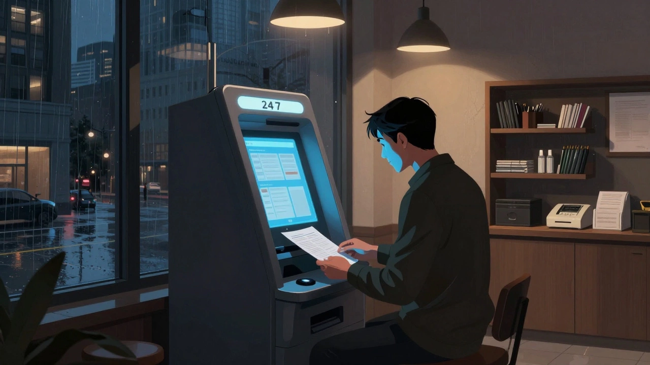 Late-night traveler printing documents in a hotel business center under soft blue and amber lighting.
