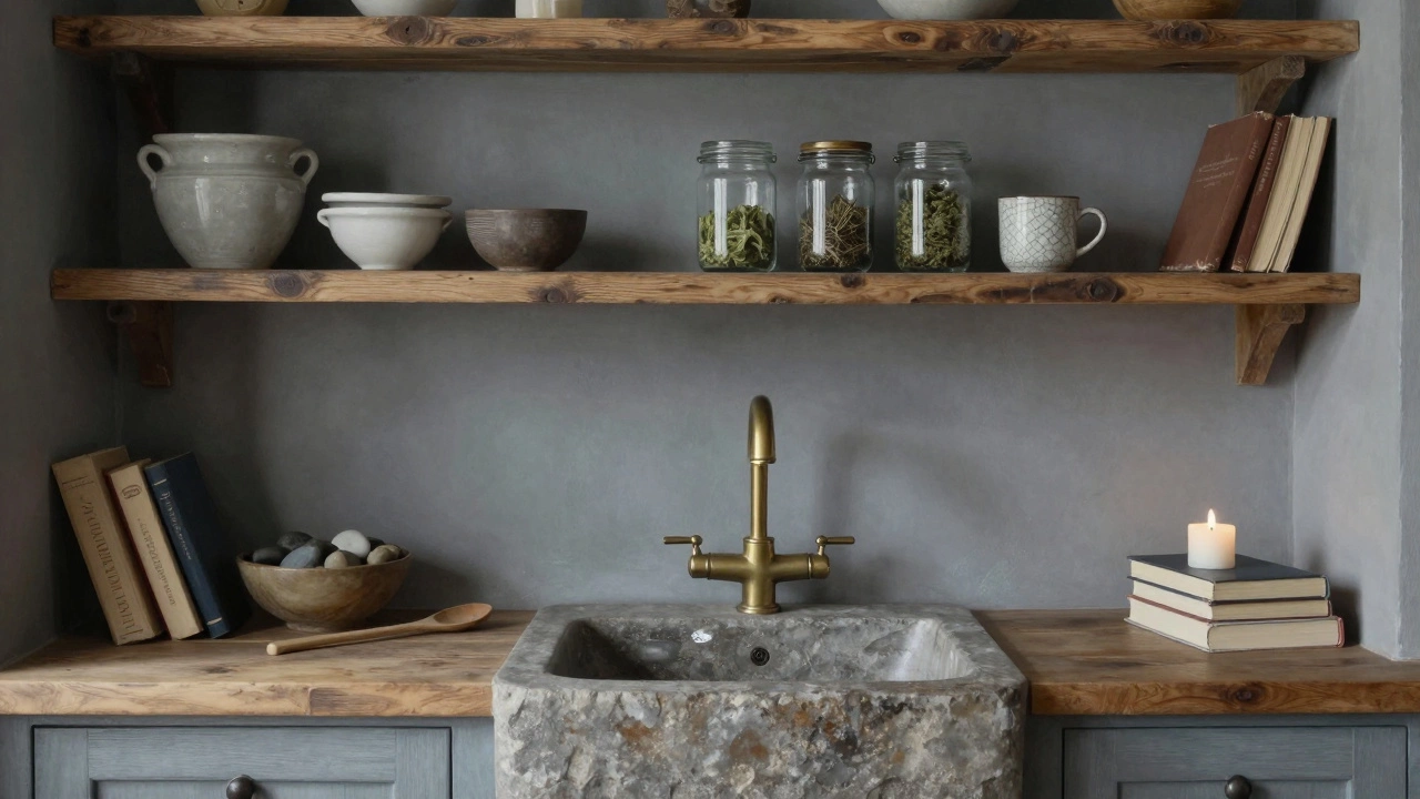 Rustic kitchen with open wooden shelves, mismatched stoneware, stone sink, and flickering candle on counter.