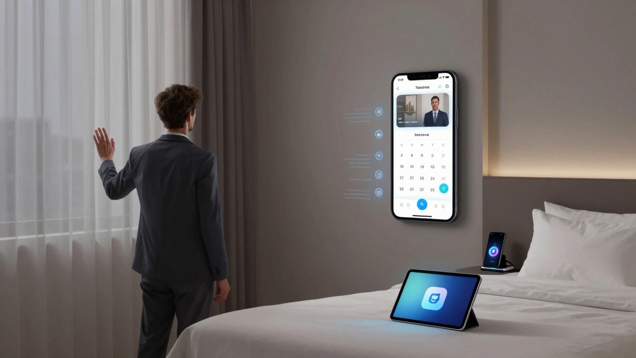 Smart hotel room with voice-controlled lighting and calendar-synced systems, minimalist and futuristic.