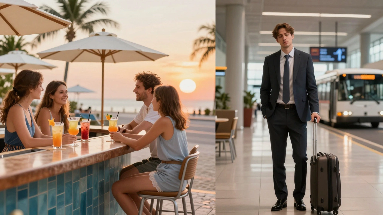 Split image: family enjoying a resort pool on one side, business traveler in sterile airport hotel lobby on the other.