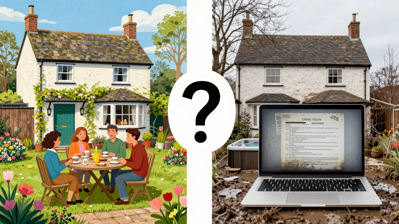 Split image showing ideal vs. real cottage stay, highlighting booking expectations vs. reality.