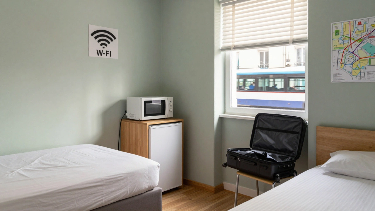 A clean extended-stay motel room in a quiet Paris neighborhood with transit map and basic amenities.