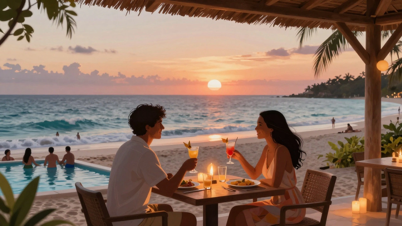 A couple dines privately at sunset on a resort beach, surrounded by calm water and candlelight.