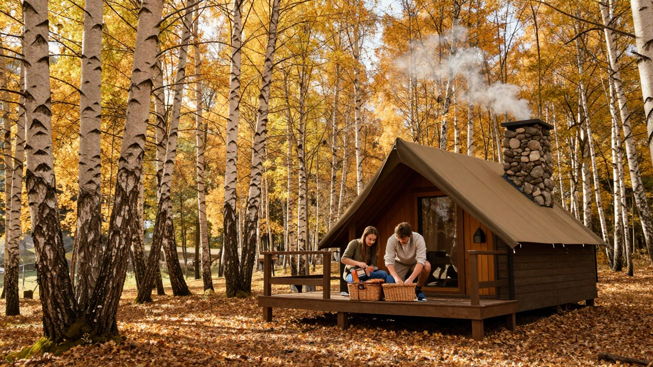 A couple enjoying a picnic on a glamping deck surrounded by golden autumn trees in the UK.