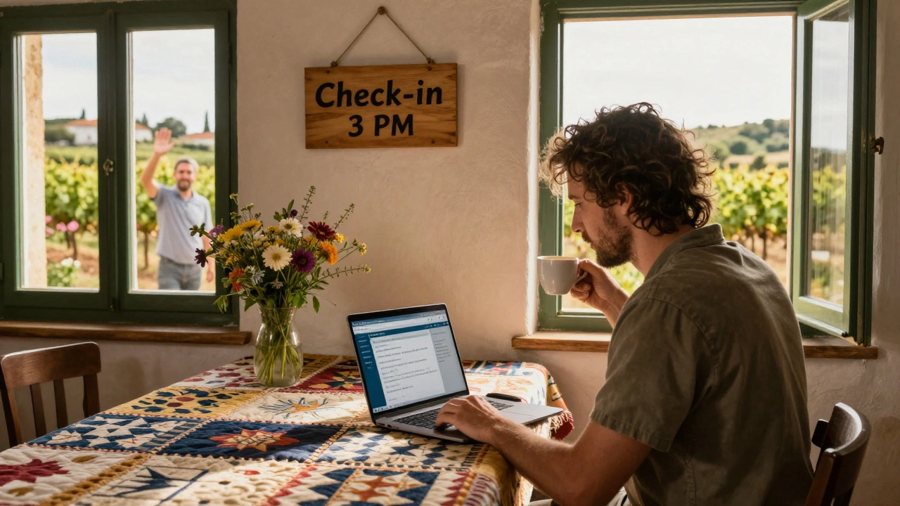 A cozy guesthouse room in rural Portugal with local touches, morning light, and a view of vineyards.