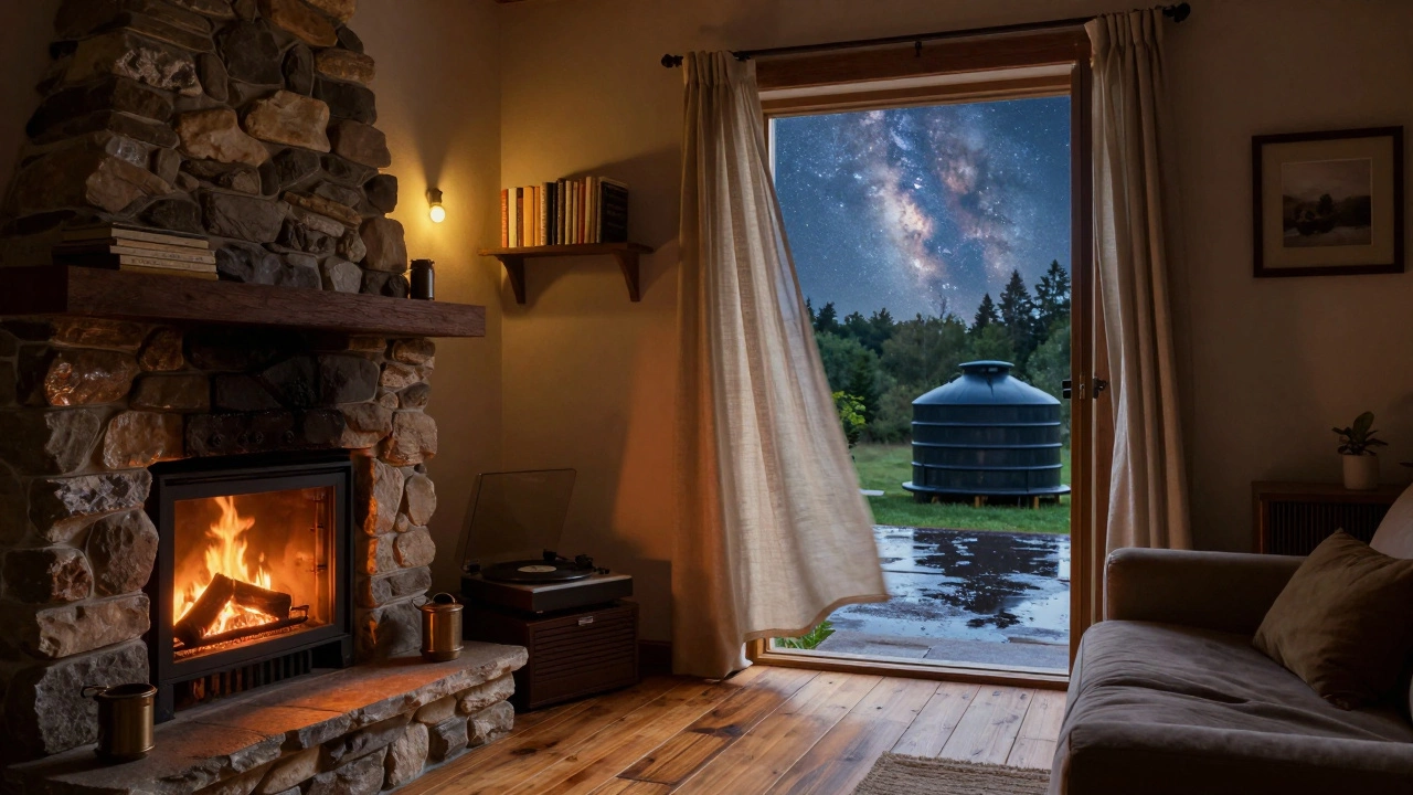 A cozy interior with a stone fireplace and starry sky reflected in a rainwater tank at dusk.