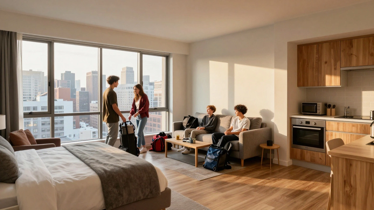 A family suite with a king bed, sofa bed, and kitchenette, offering space for two adults and two teens.