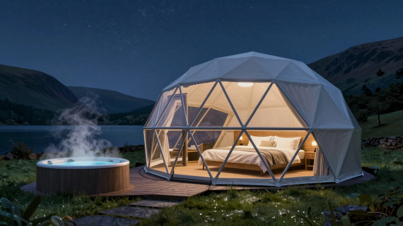 A luxury geodesic dome with a private hot tub under a starry sky in the Lake District, surrounded by misty hills.
