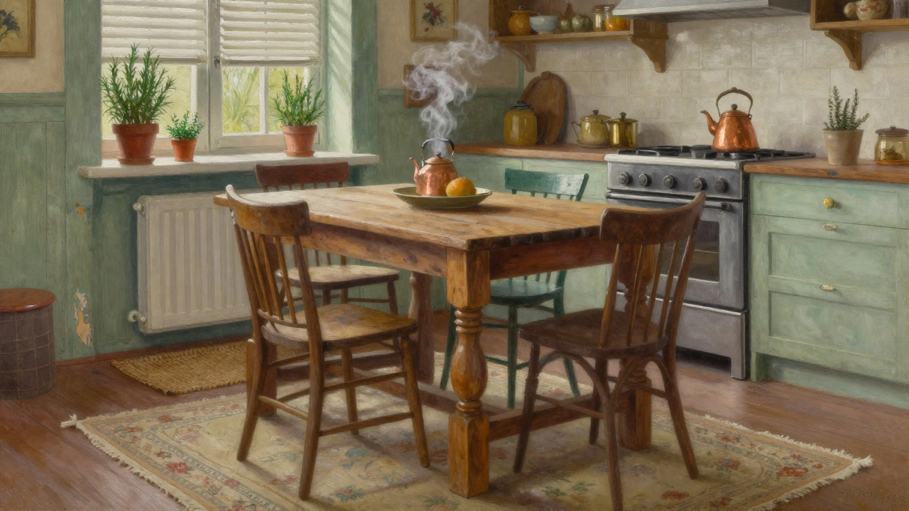 A rustic kitchen with a worn wooden table, potted herbs on the sill, and mismatched vintage chairs.