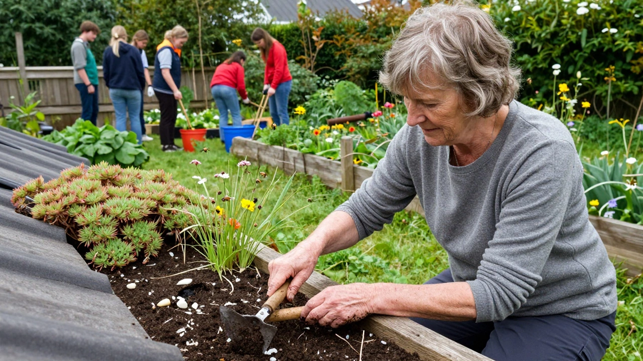 An elderly woman tending to a sustainable cottage garden with bees and visitors nearby.