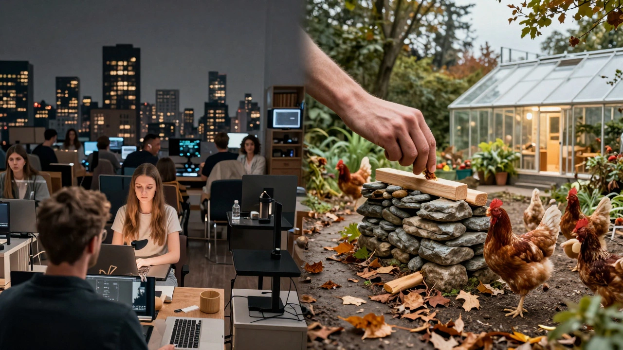 Contrasting urban apartment and cottage life, showing city stress versus hands-on rural self-sufficiency.