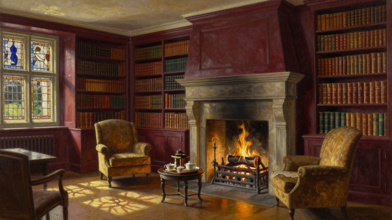 Historic library with wooden bookshelves, fireplace, and stained glass windows