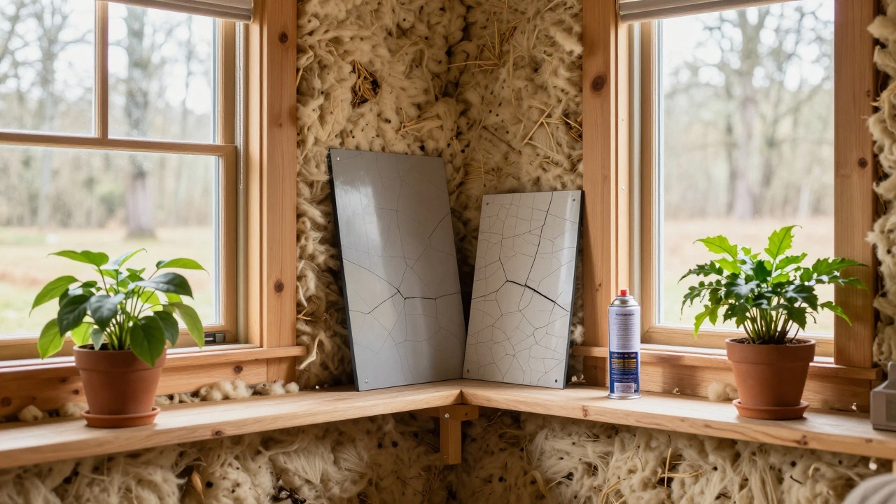 Interior of a cottage with natural insulation, contrasted by hidden toxic building materials like vinyl and spray foam on a shelf.