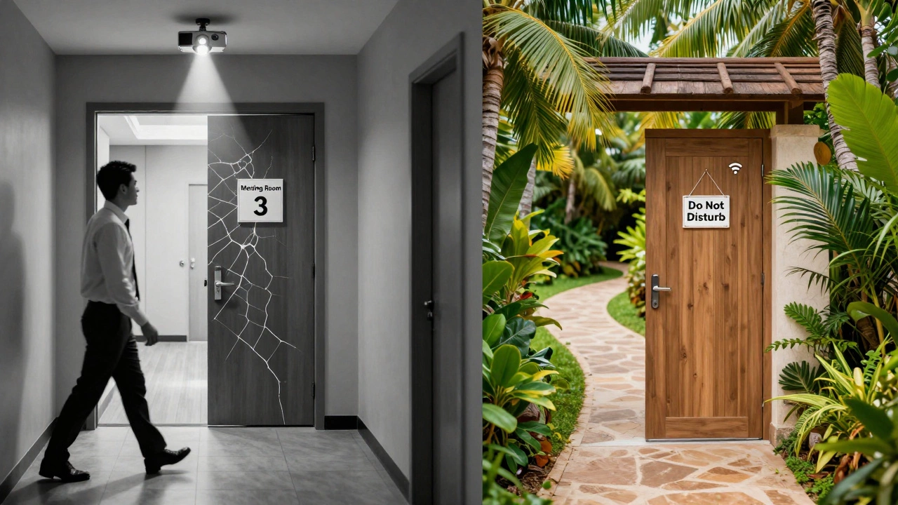 Split image contrasting a business hotel meeting room with a resort spa path.