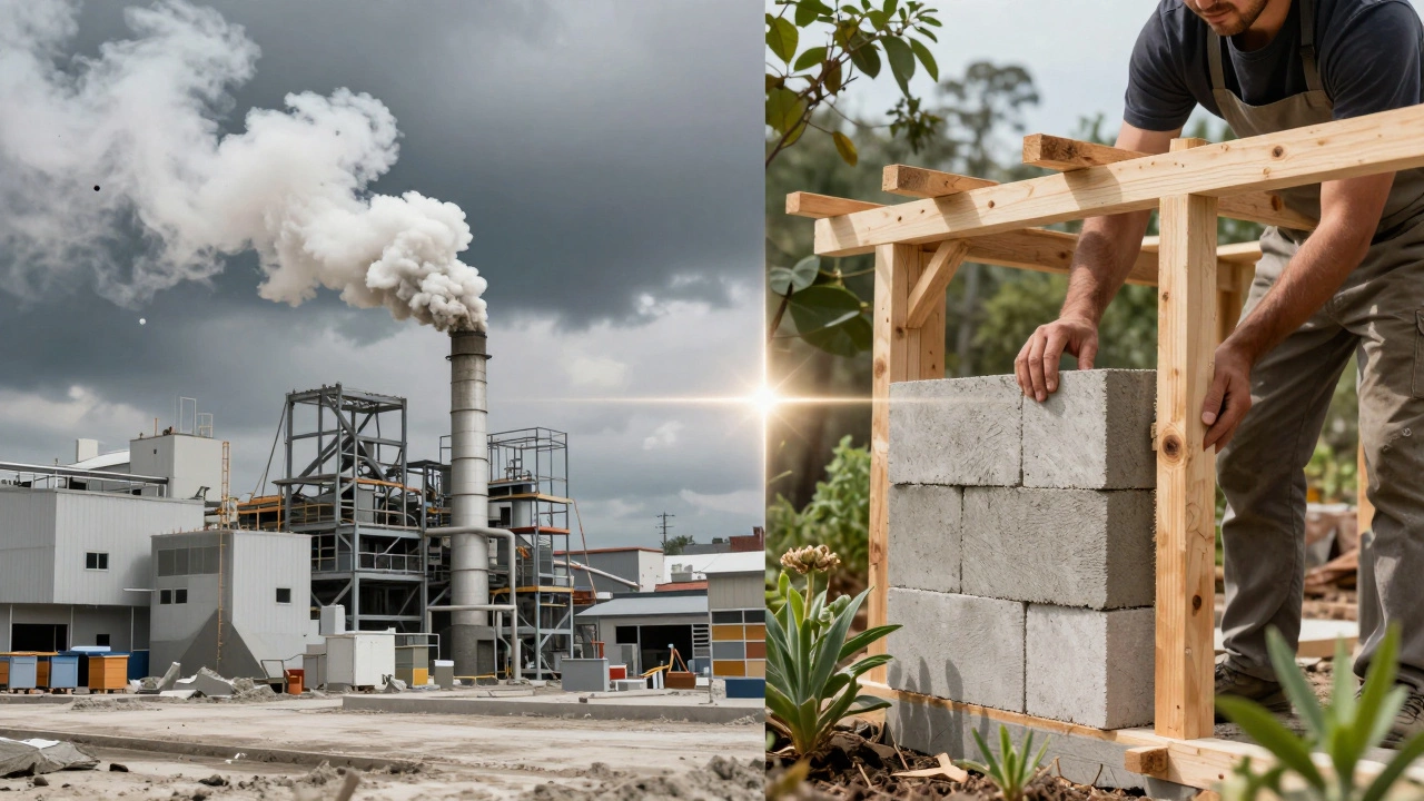 Split image: left shows cement factory pollution, right shows sustainable cottage construction with hempcrete and reclaimed wood.
