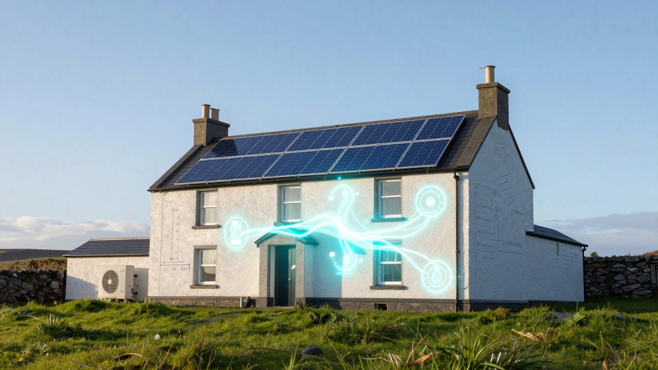 Traditional farmhouse exterior with internal energy flow visualization showing insulation, heat pump, and solar efficiency.