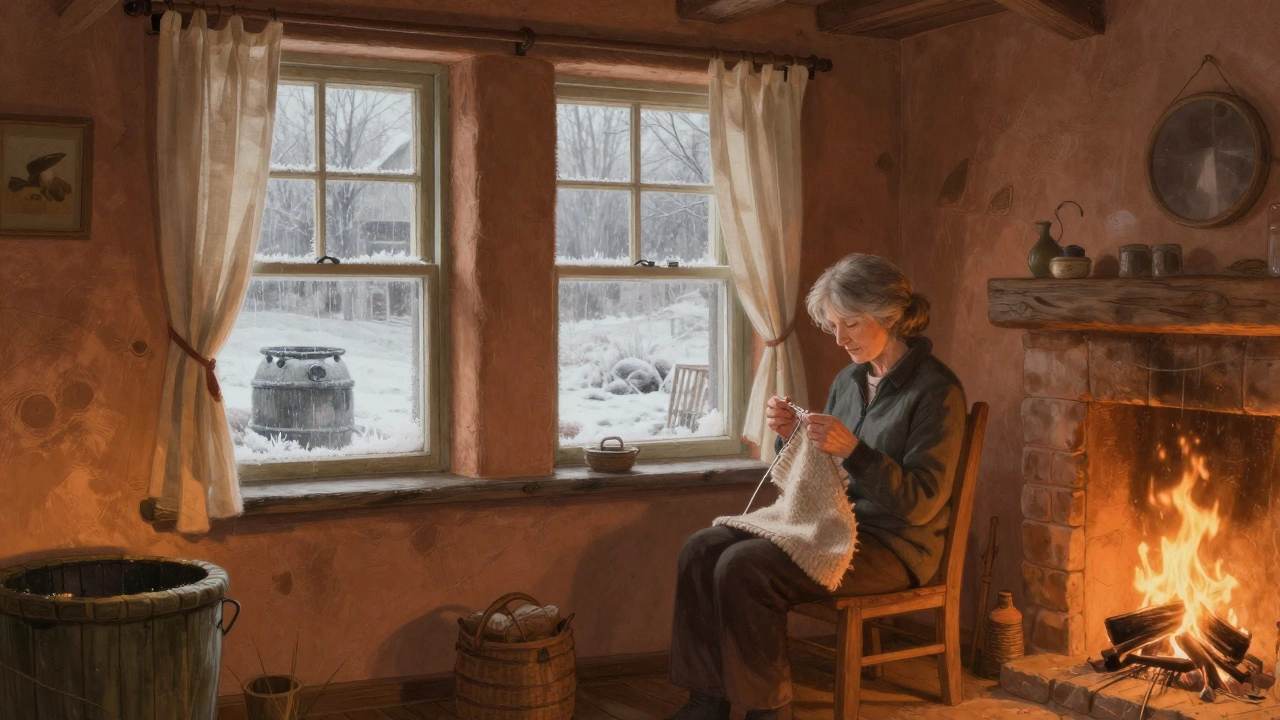 Woman knitting by a window in a cozy cottage with clay walls and firelight, rainwater barrels visible outside.