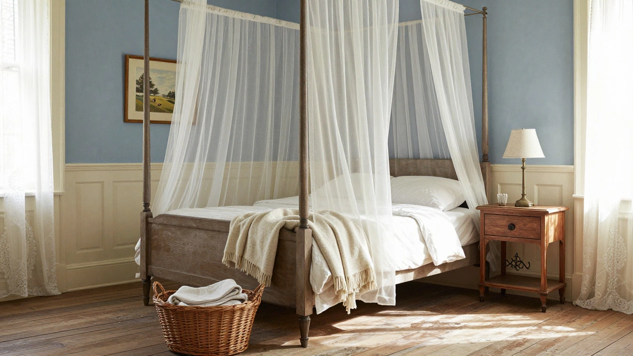 A bedroom featuring a four-poster bed with sheer canopy, wooden nightstand with iron details, and a wool blanket draped casually.