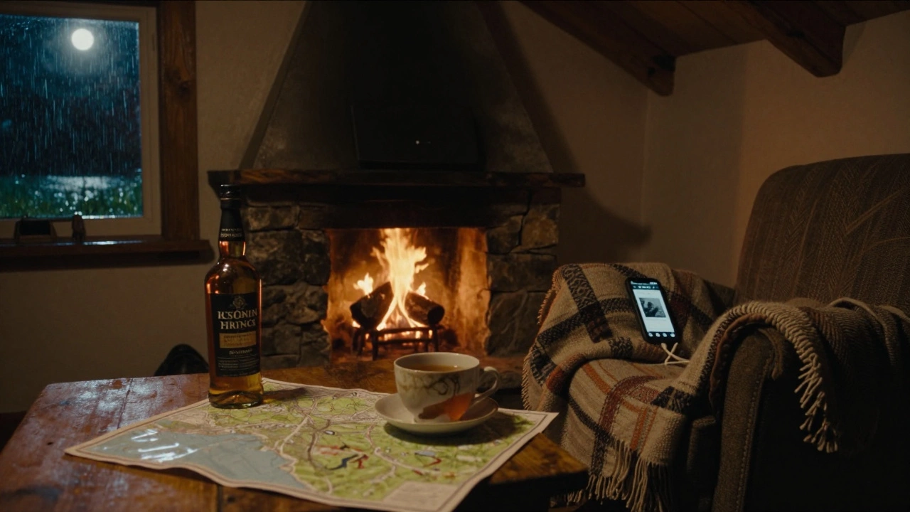 A cozy cottage interior at night by the fire, with a bottle of whiskey and a local map on the table, rain falling outside the window.