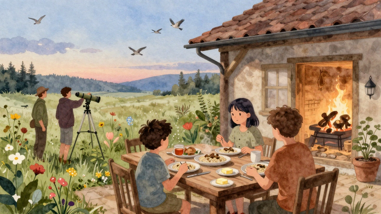 A family enjoying breakfast outdoors with foraging guides and a telescope nearby.