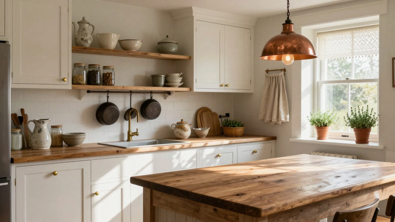 A kitchen with white cabinets, brass hardware, open shelving displaying pottery and herbs, and natural light filtering through lace curtains.