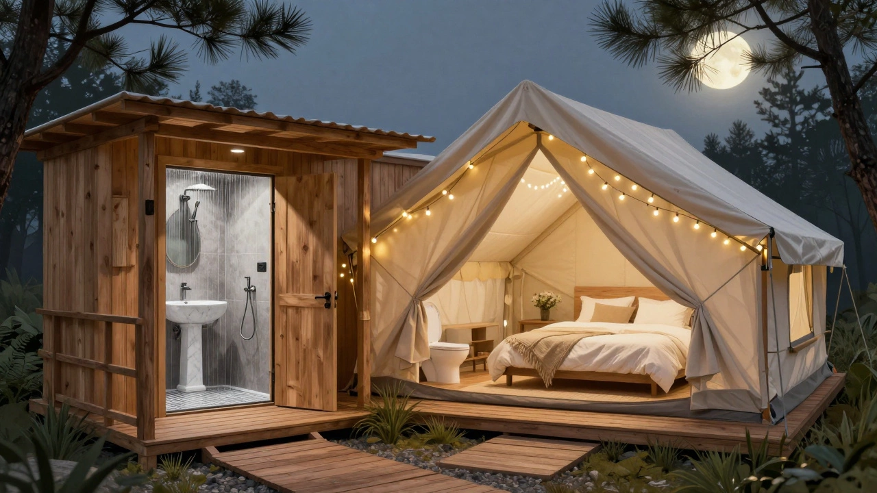 A luxury glamping tent with a connected wooden annex containing a shower and sink, no toilet inside the sleeping area.