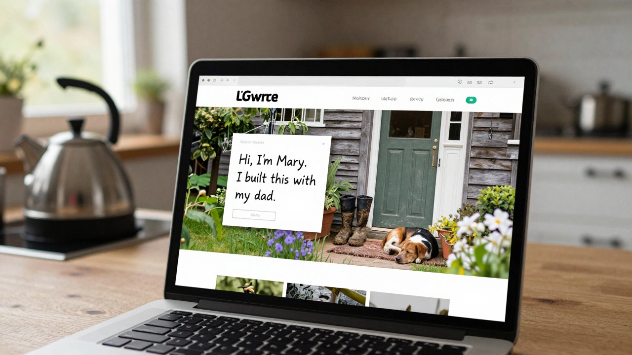 A personal cottage website on a laptop showing real photos of a lived-in interior with muddy boots and a dog on the rug.
