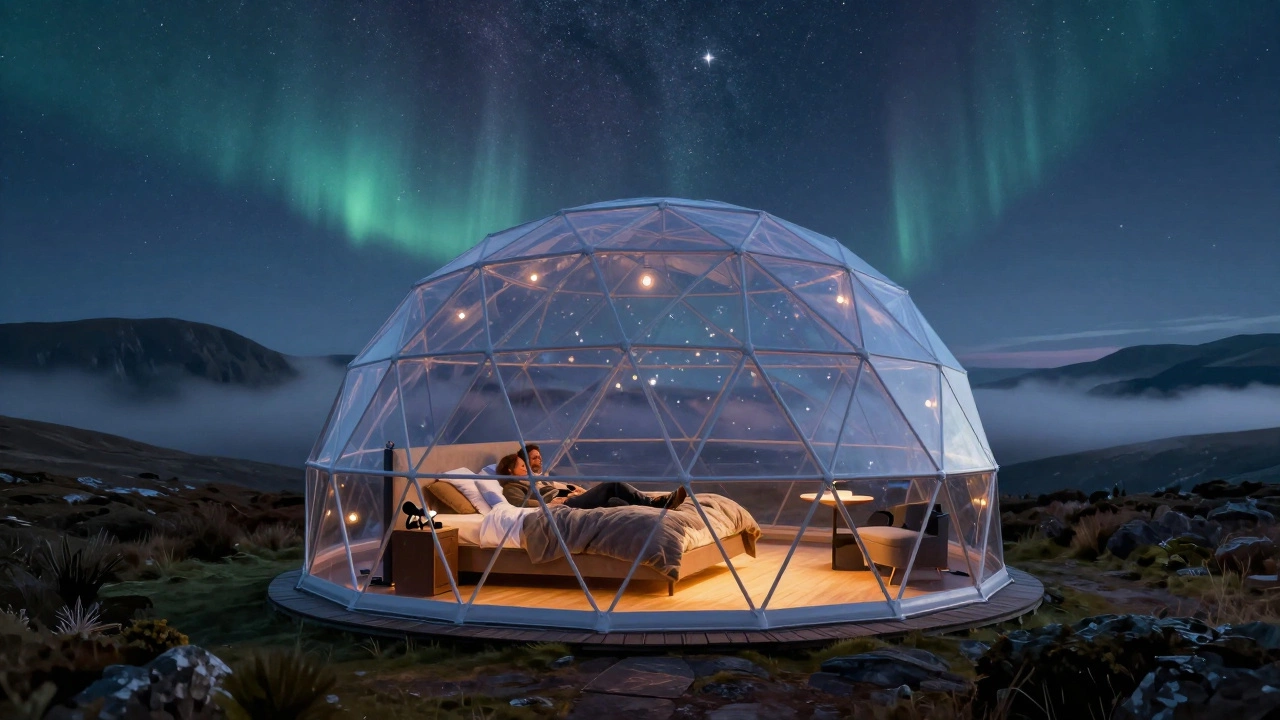 A transparent dome glamping unit in the Scottish Highlands, offering panoramic views of a star-filled night sky and misty mountains.