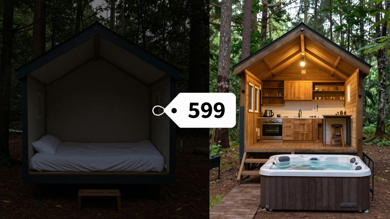 A visual contrast between a basic glamping pod and a luxury treehouse, highlighting differences in amenities and views through lighting and design.