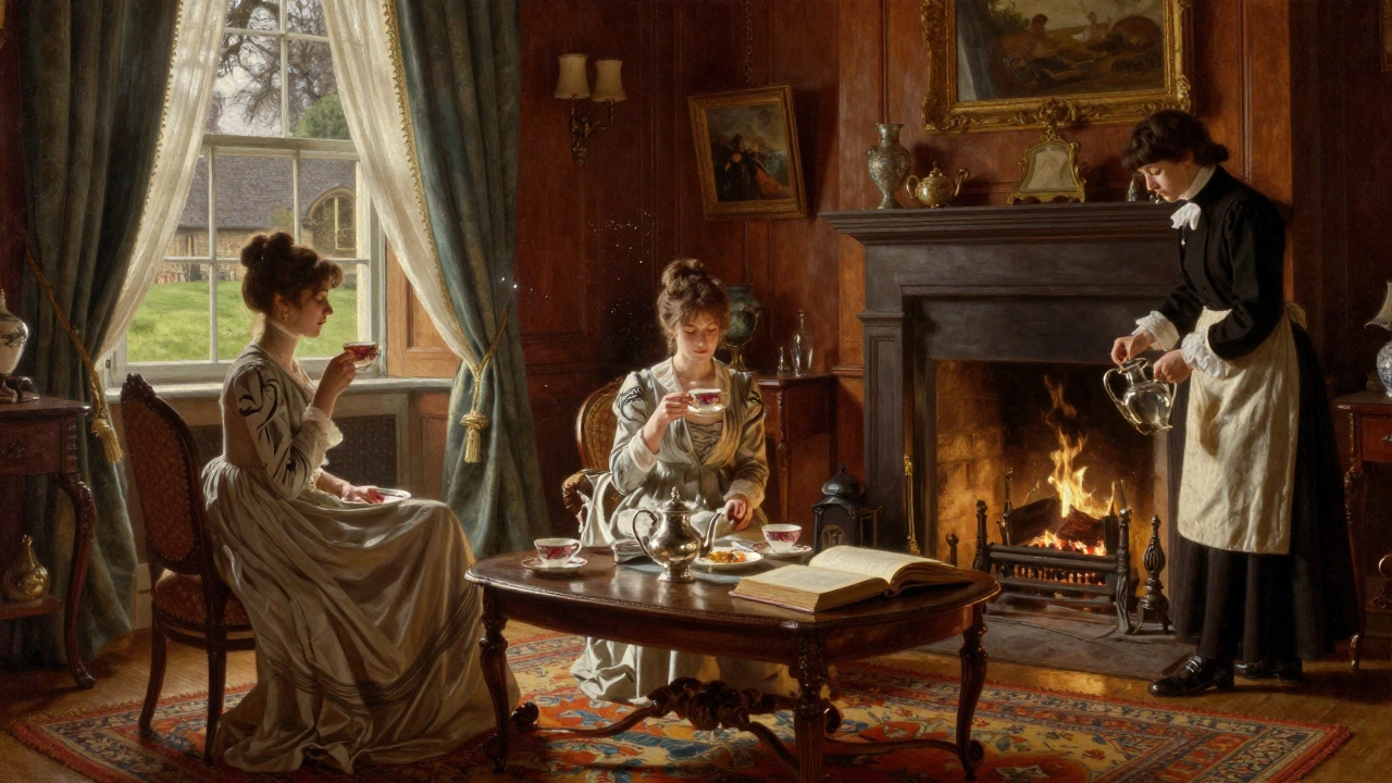 An 1801 drawing room with a fireplace, fine tea service, and a woman in period dress enjoying quiet luxury by the window.