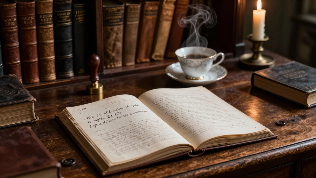 An open historical ledger from 1798 showing a guest entry, with a steaming teacup beside it in a candlelit study.