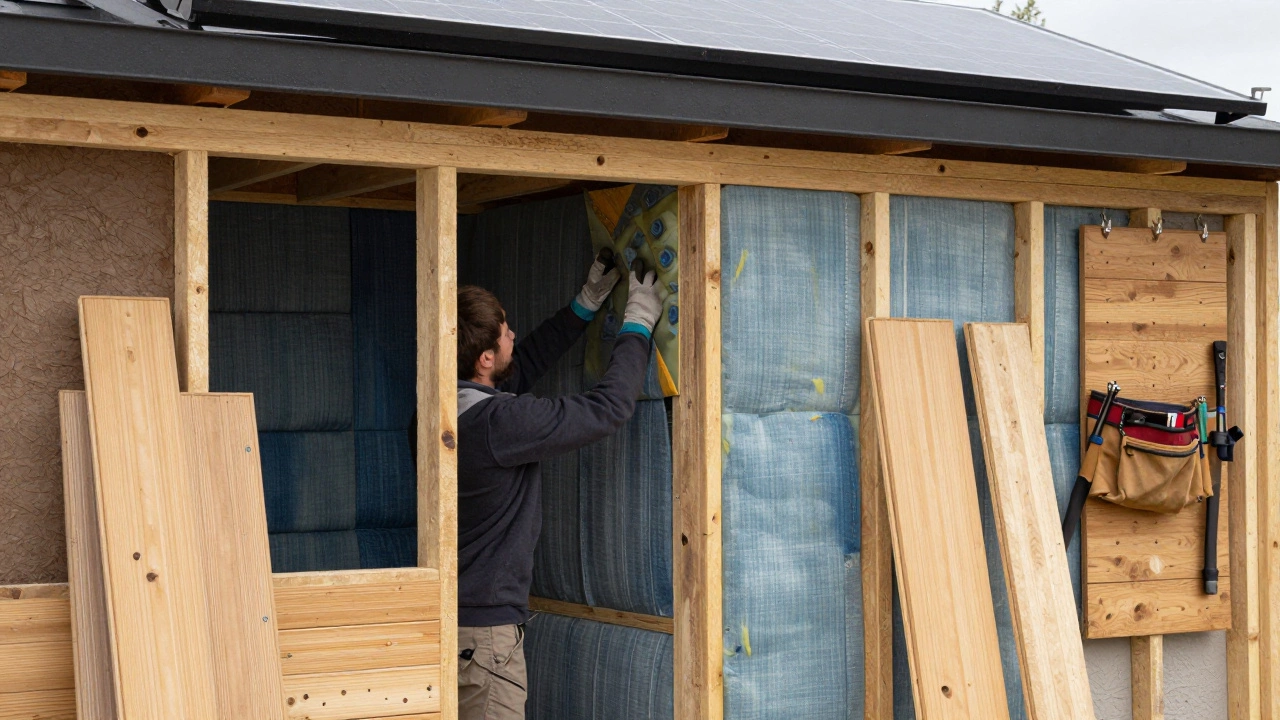 Builder installing recycled denim insulation and bamboo flooring in a tiny home, with no construction waste visible.