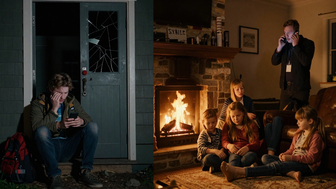 Contrasting scenes of chaotic vs. calm cottage stays during emergencies.