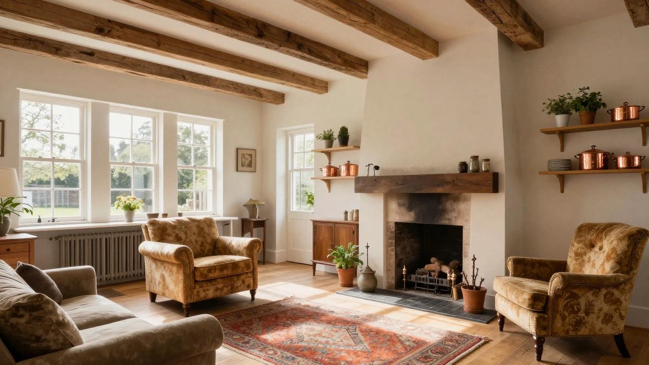 Cozy cottage interior featuring open plan living space.