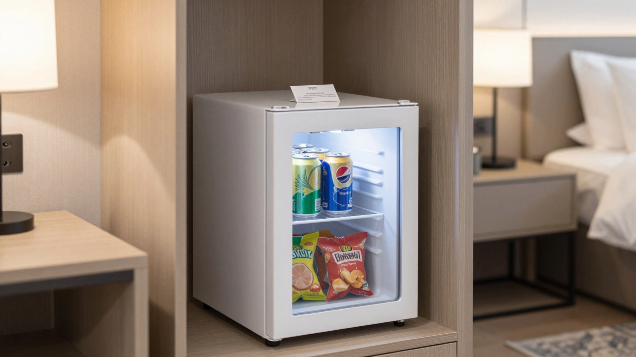 Hotel room mini-fridge stocked with snacks and beverages on a nightstand.