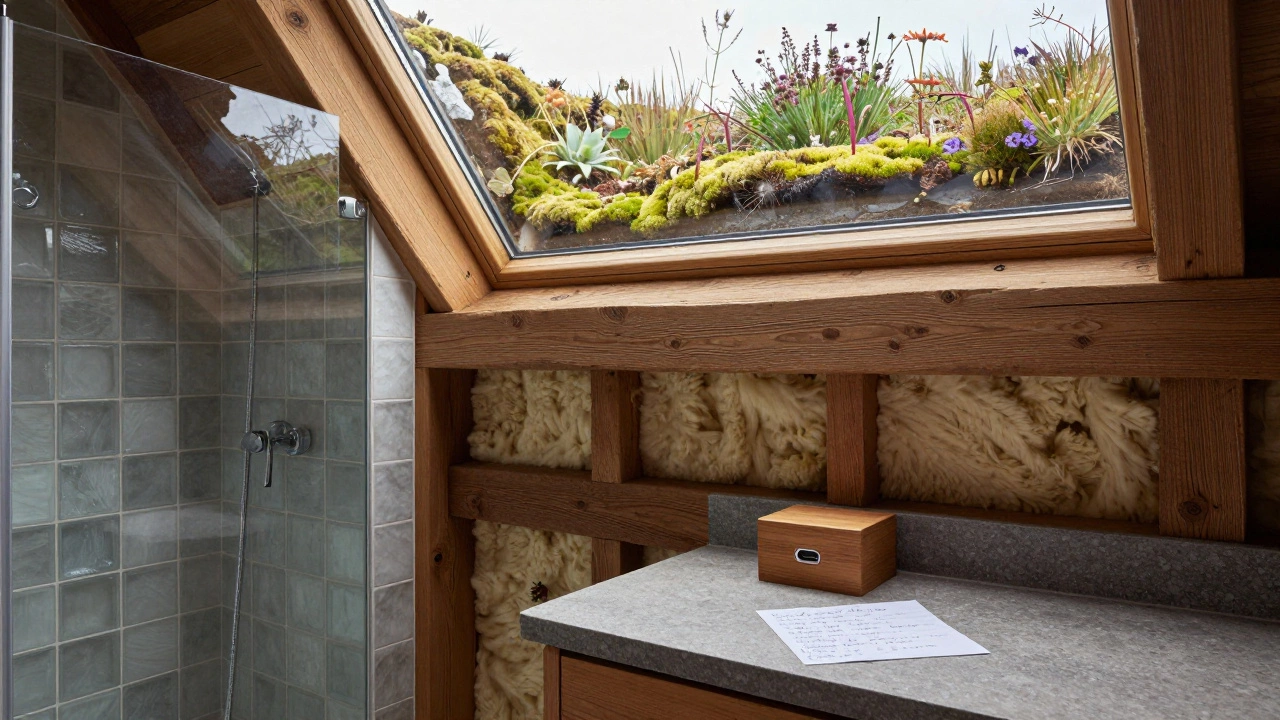 Interior of an eco-cottage with reclaimed wood, wool insulation, and a single charging station.
