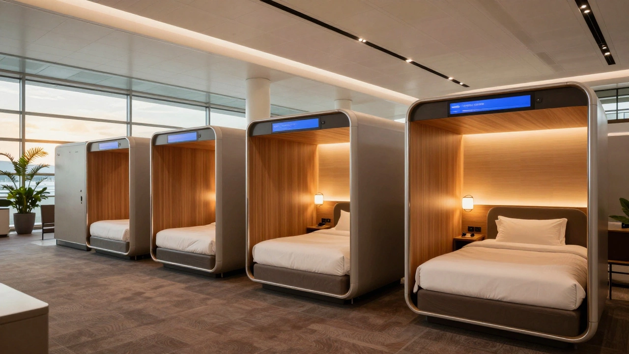 Luxury transit hotel suite with entertainment screen