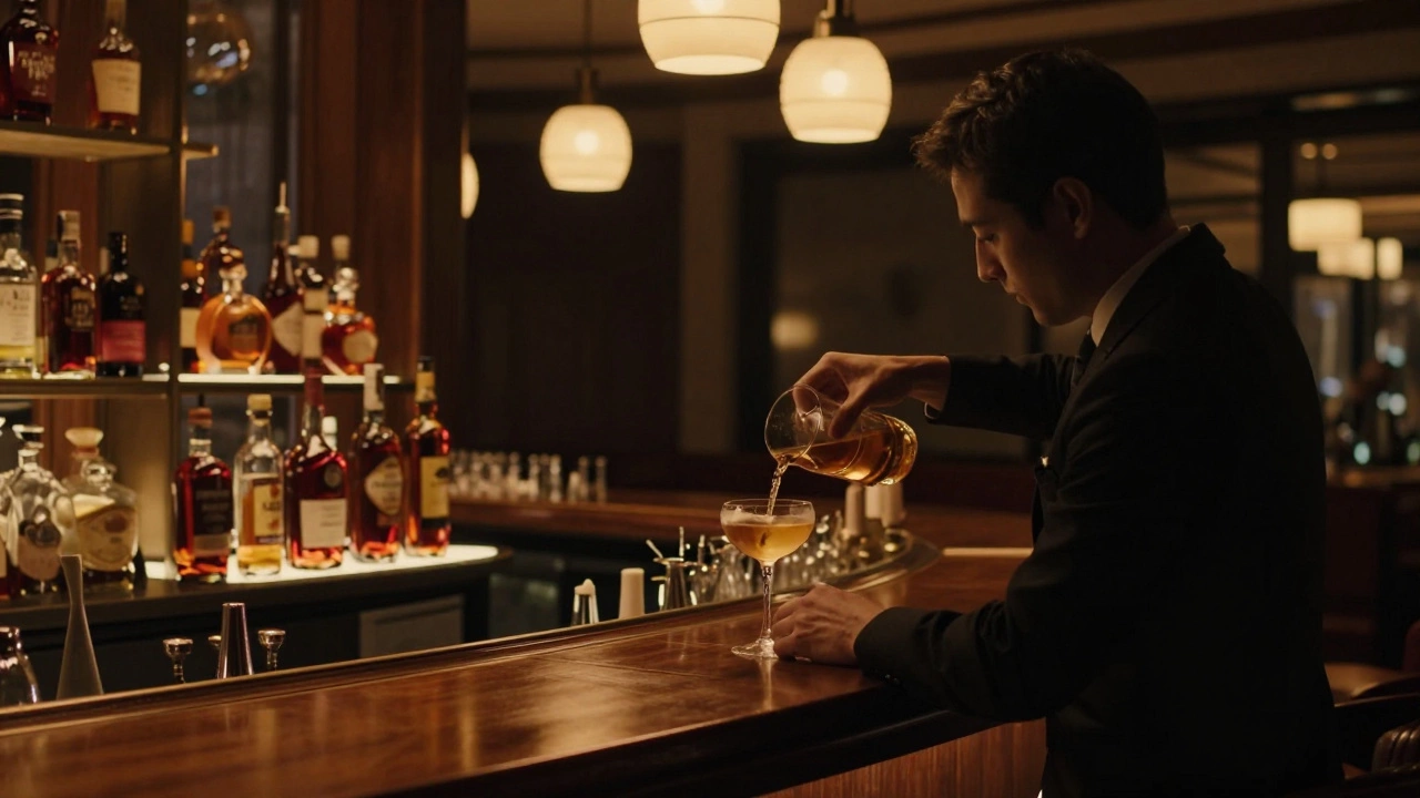 Premium liquor bottles arranged on a dark wooden bar shelf in a lounge.