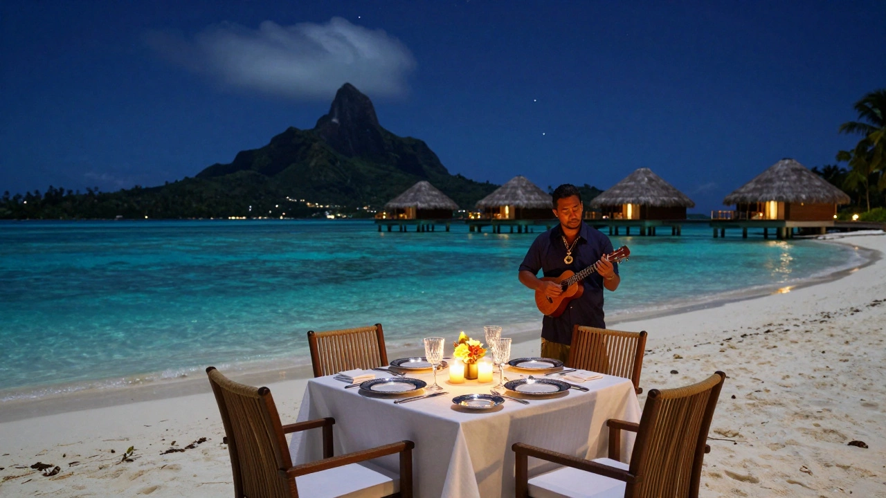 Private candlelit dinner on a sandbank in Bora Bora under a starry sky with a musician playing ukulele.