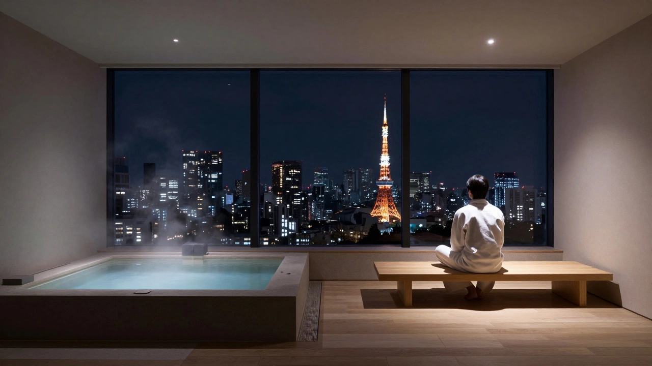 Serene Aman Tokyo suite with floor-to-ceiling windows and steam rising from a private onsen bath.