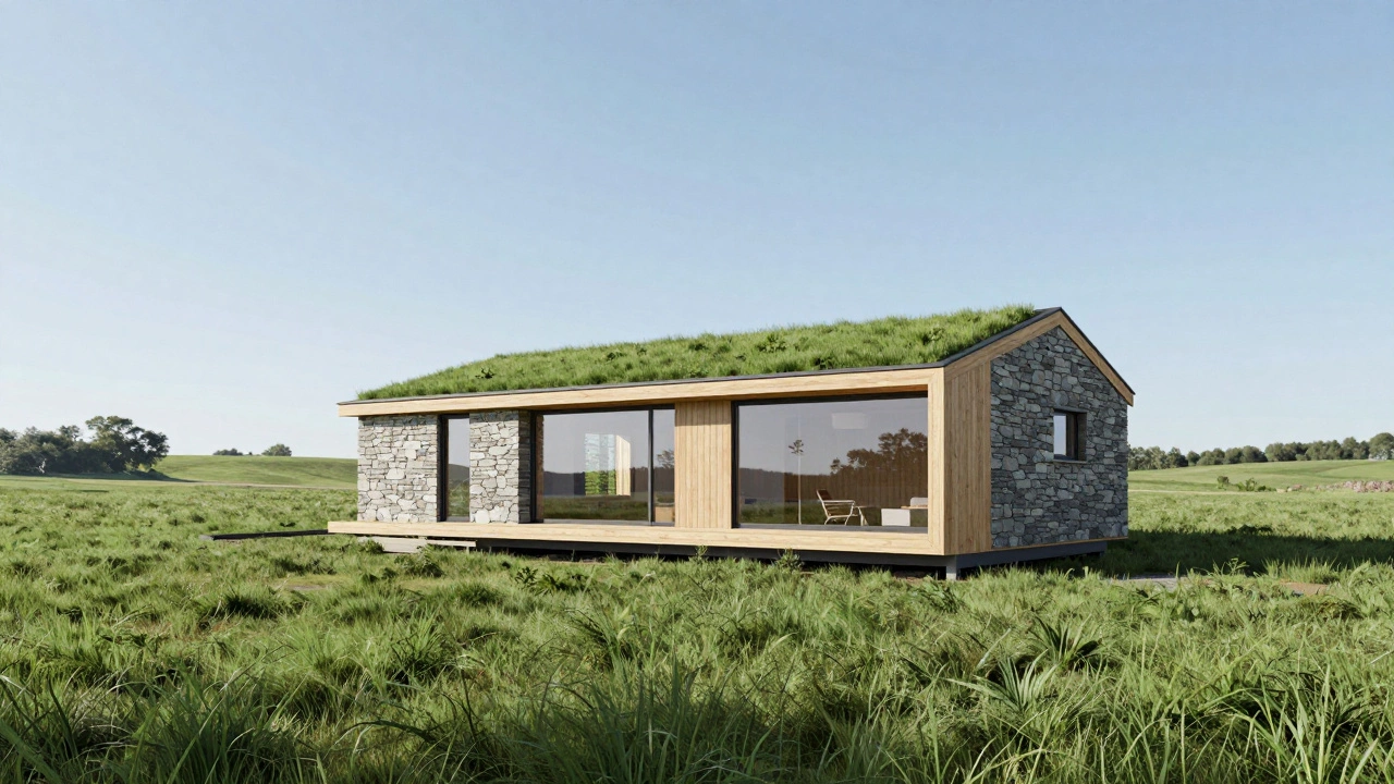 Sustainable timber eco-cottage in green landscape.