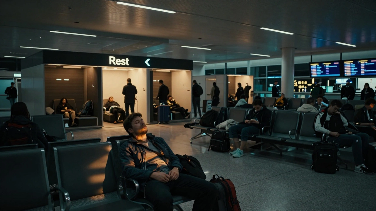 Traveler resting in airport terminal at night