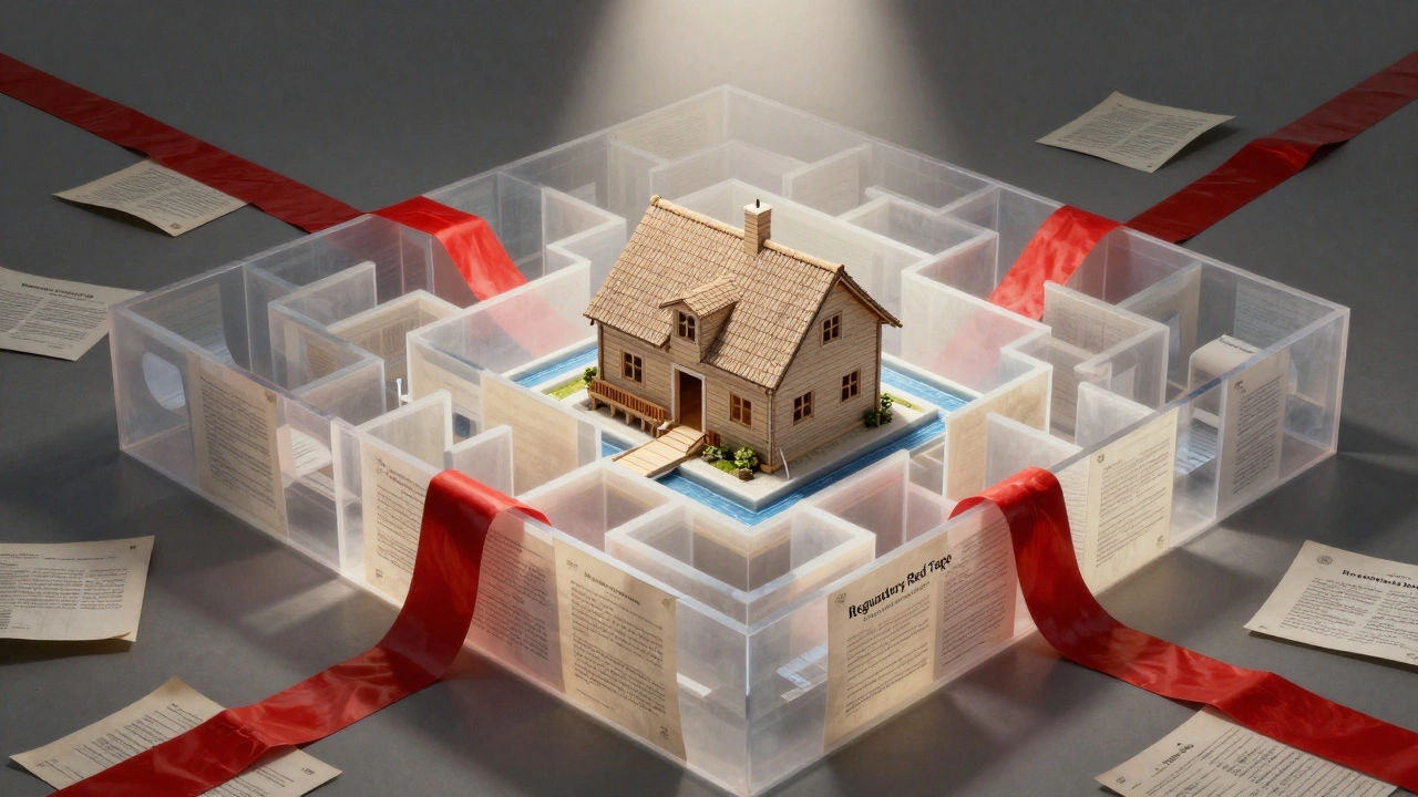 A conceptual image of a sustainable house model trapped in a maze of red tape and documents.