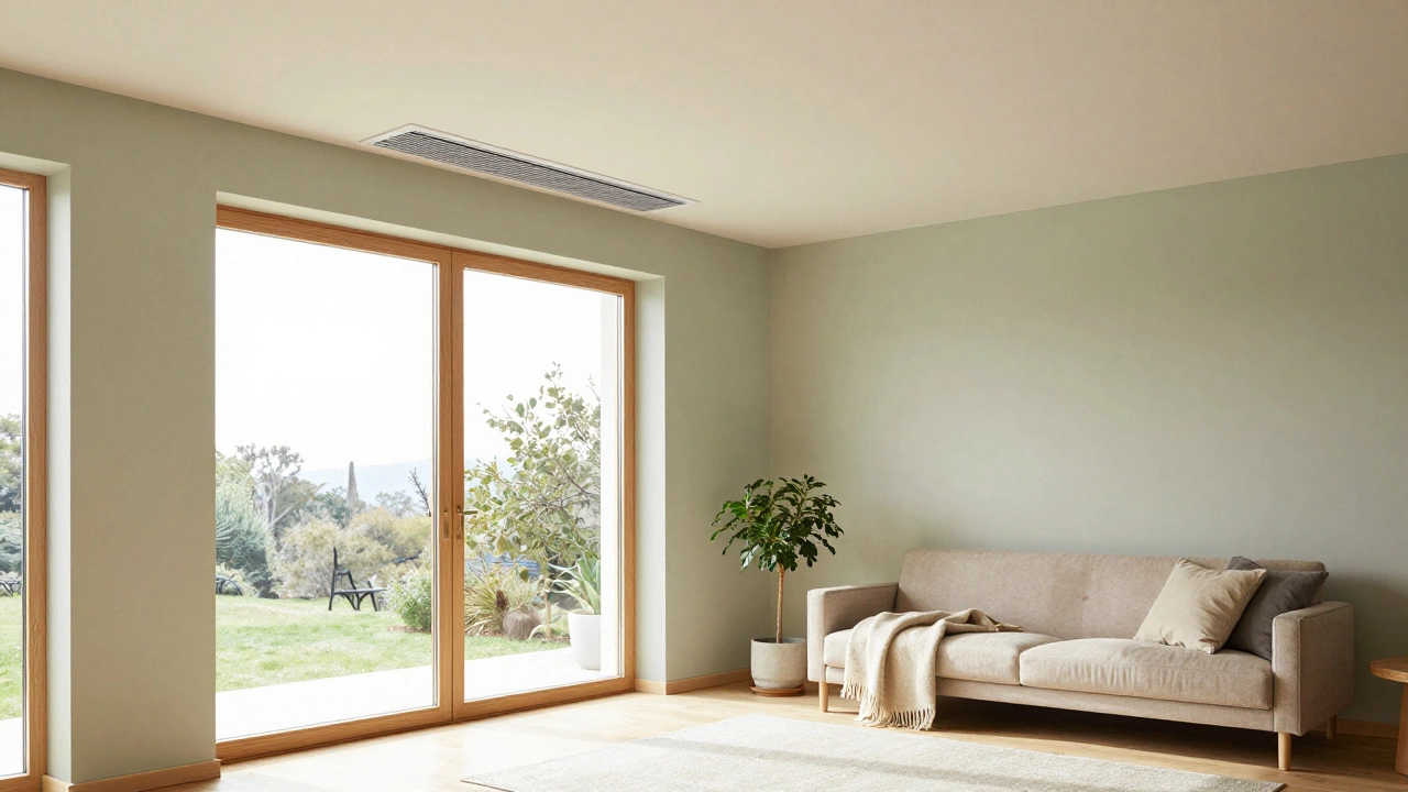 A cozy, minimalist living room in a Passive House with lime-plaster walls and natural light.