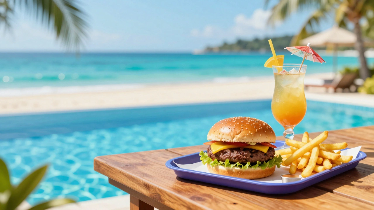 A gourmet burger and tropical drink at a sunny poolside snack bar by the beach