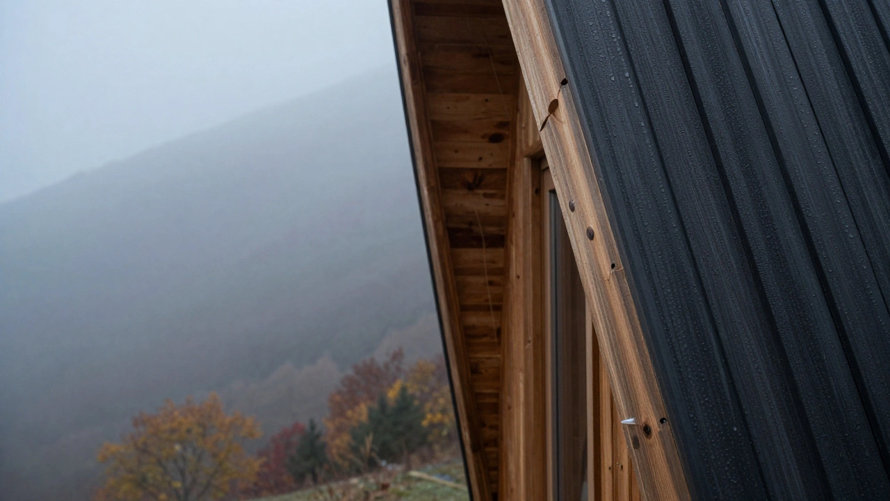 A modern cedar cabin exterior surrounded by a misty, foggy mountain landscape.