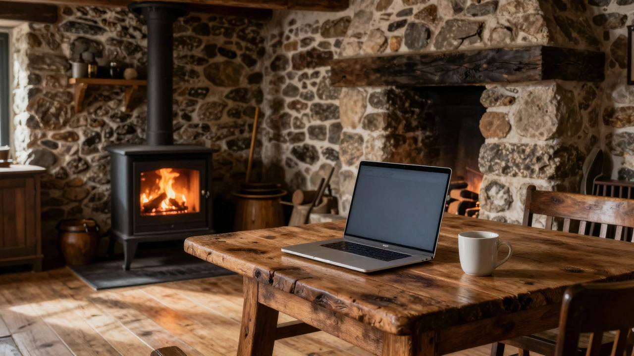A modern laptop on a rustic table inside a cozy cottage with a glowing wood stove