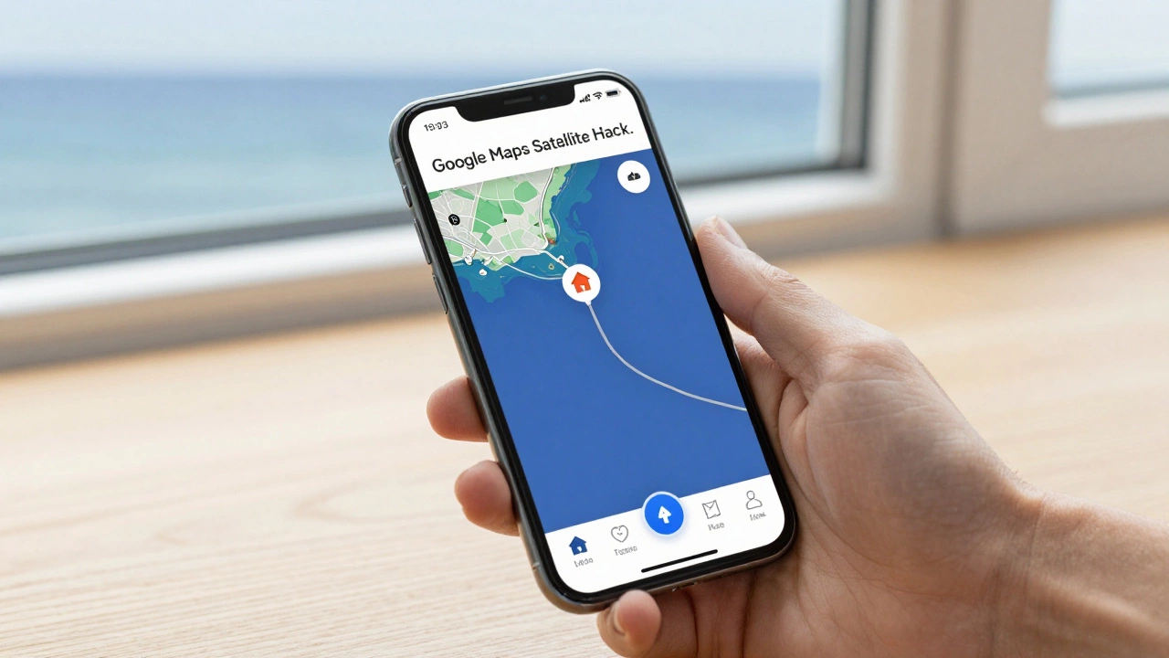 A person using a smartphone to check a satellite map for a road between a rental house and the beach.