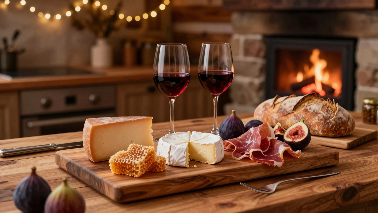 A romantic charcuterie board with wine and bread in a cozy cabin kitchen.